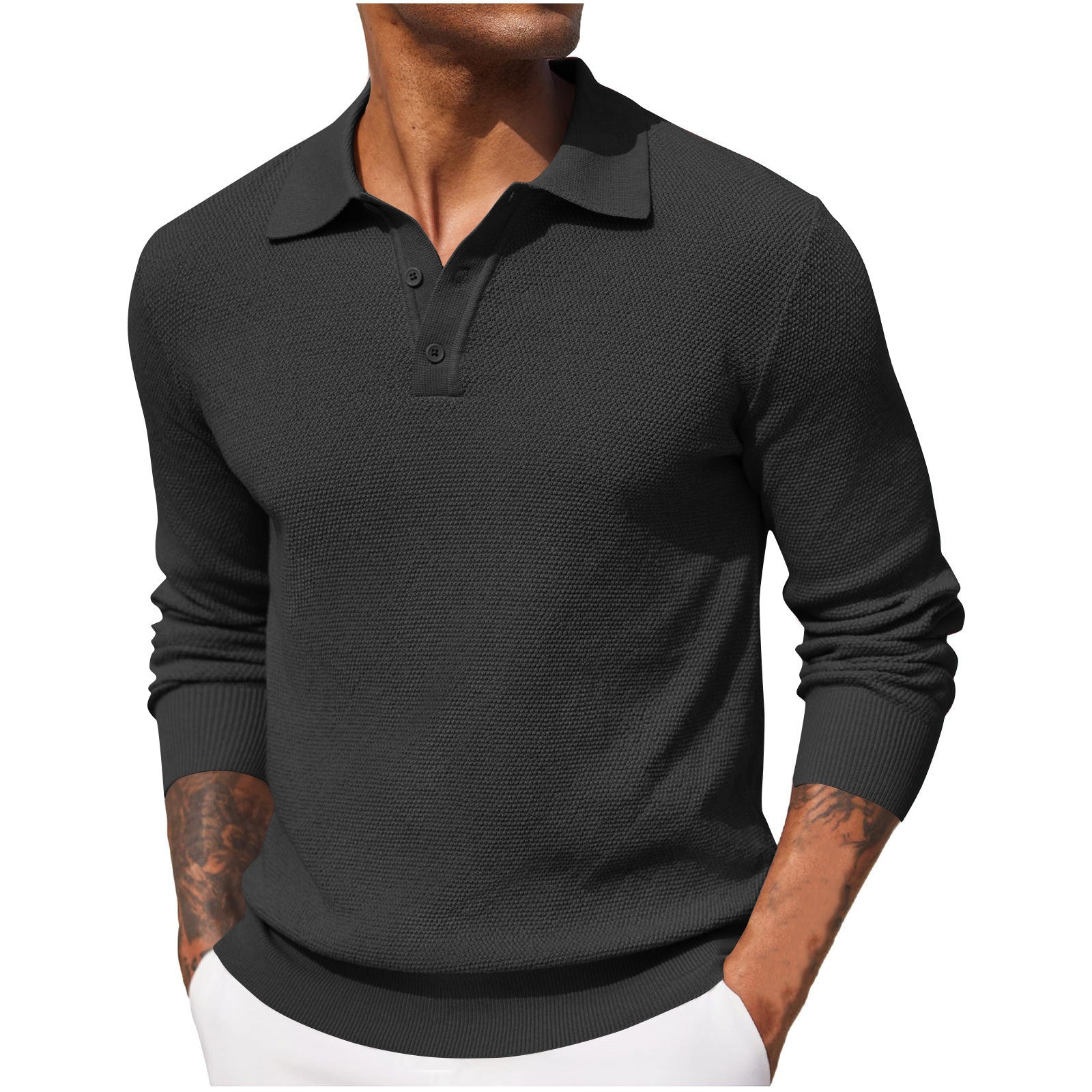 Polo homme manches longues | Col boutonné, coupe droite respirante | Idéal mi saison, style casual ou bureau
