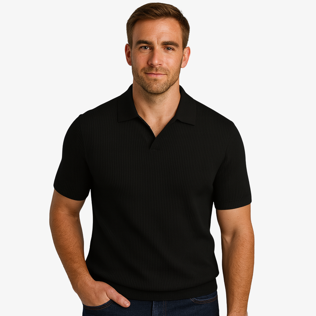 Polo pour homme en tricot côtelé, manches courtes, col ouvert
