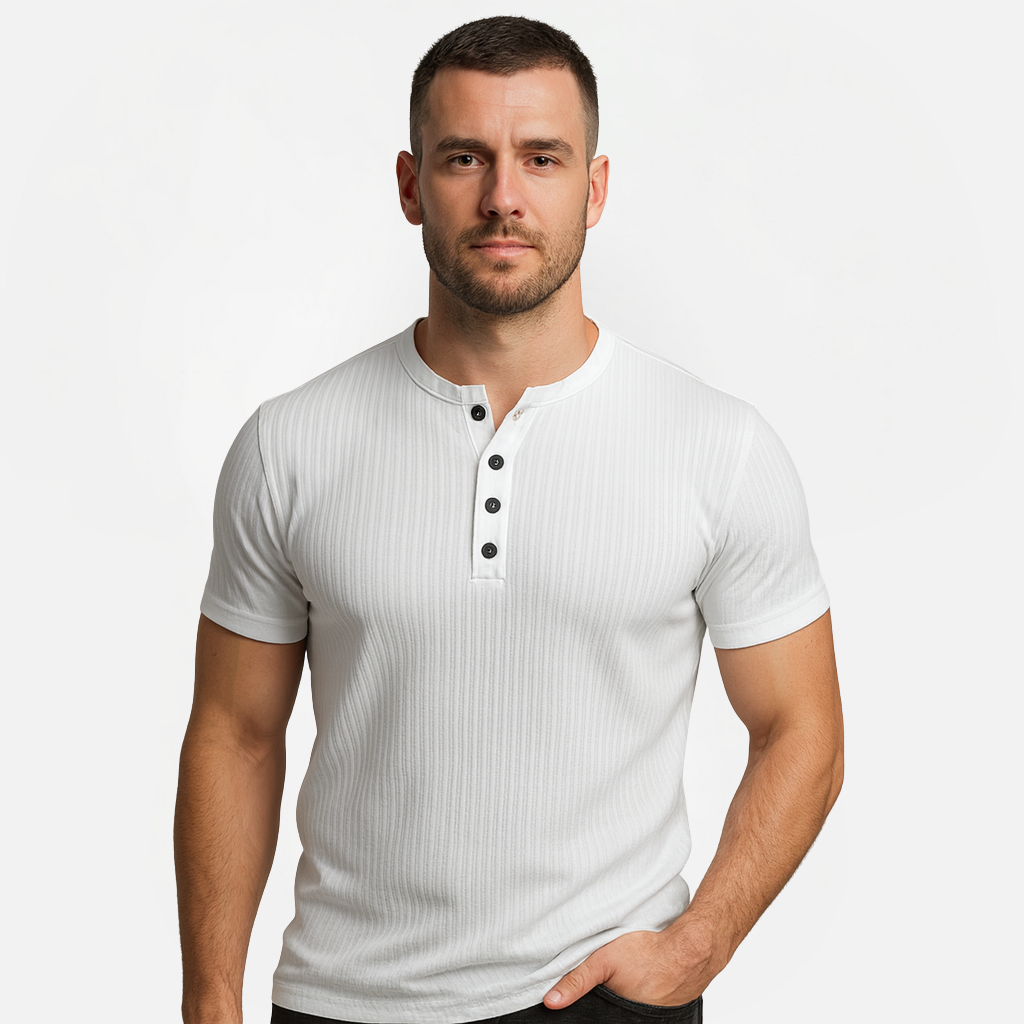 T-shirt homme côtelé | Col tunisien boutonné, manches courtes | Coupe confortable, plusieurs coloris