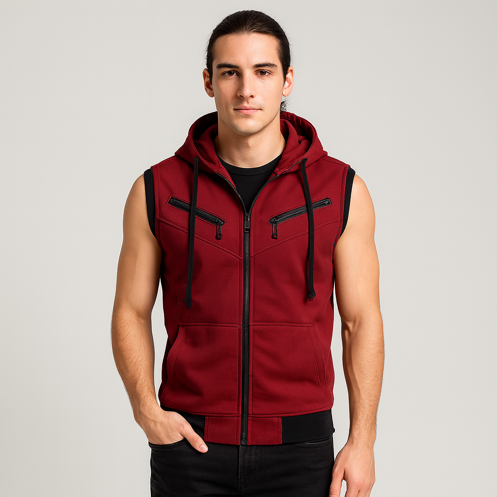 Gilet sans manches homme à capuche | Léger et respirant, sans fermeture | Poches latérales, coupe droite, tailles S à XXL