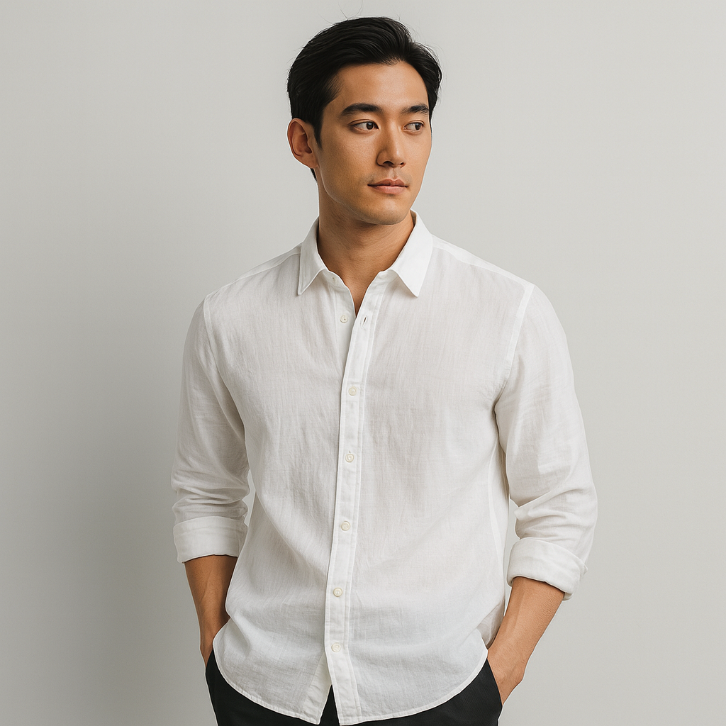 Chemise homme blanche | Col français, manches longues | Coupe droite respirante, boutonnage intégral