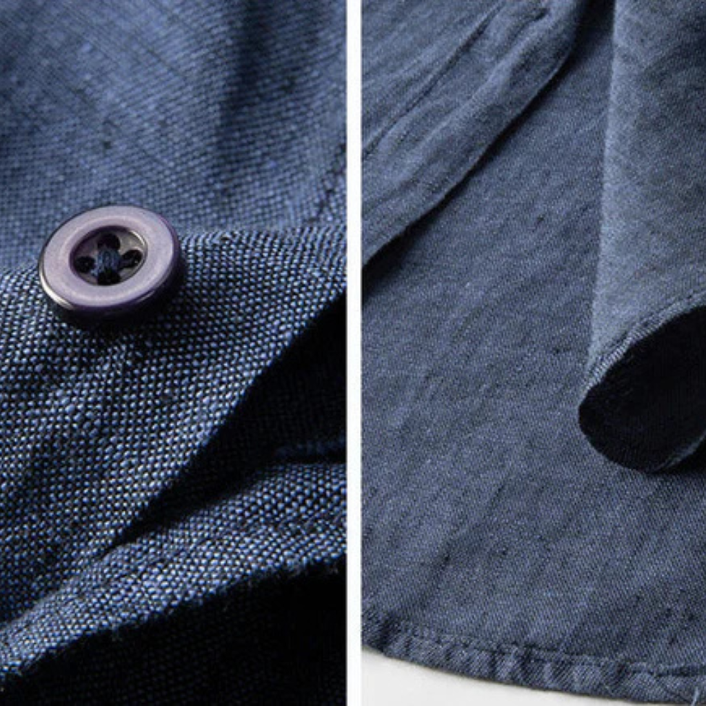 Chemise homme manches longues | Col français, coupe droite | Bleu marine, boutonnage intégral, respirante