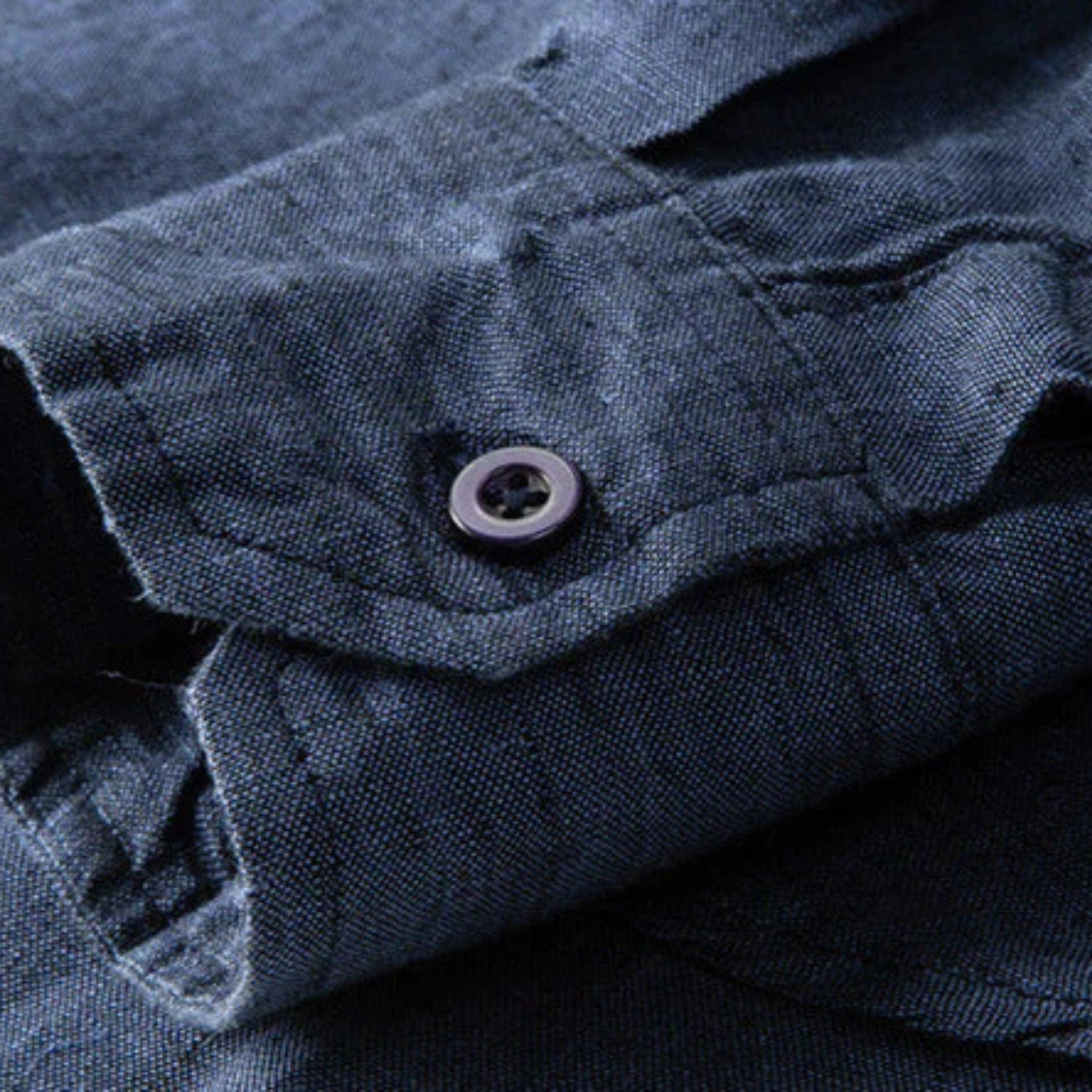 Chemise homme manches longues | Col français, coupe droite | Bleu marine, boutonnage intégral, respirante