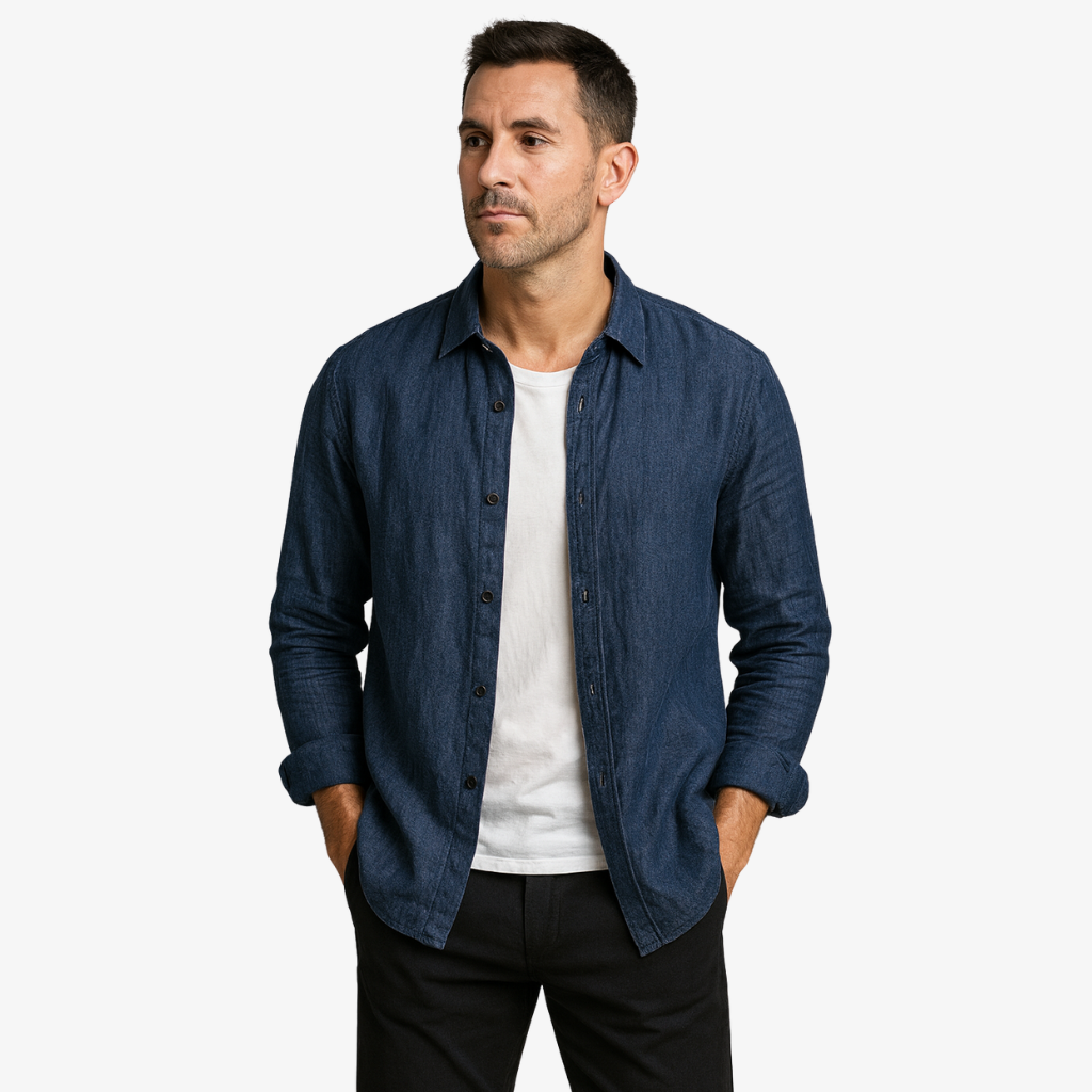 Chemise homme manches longues | Col français, coupe droite | Bleu marine, boutonnage intégral, respirante