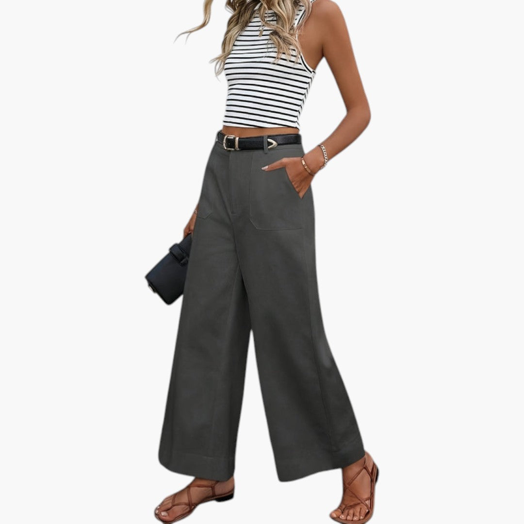 Pantalon Femme Taille Haute avec Fermeture Zippée et Poches Latérales