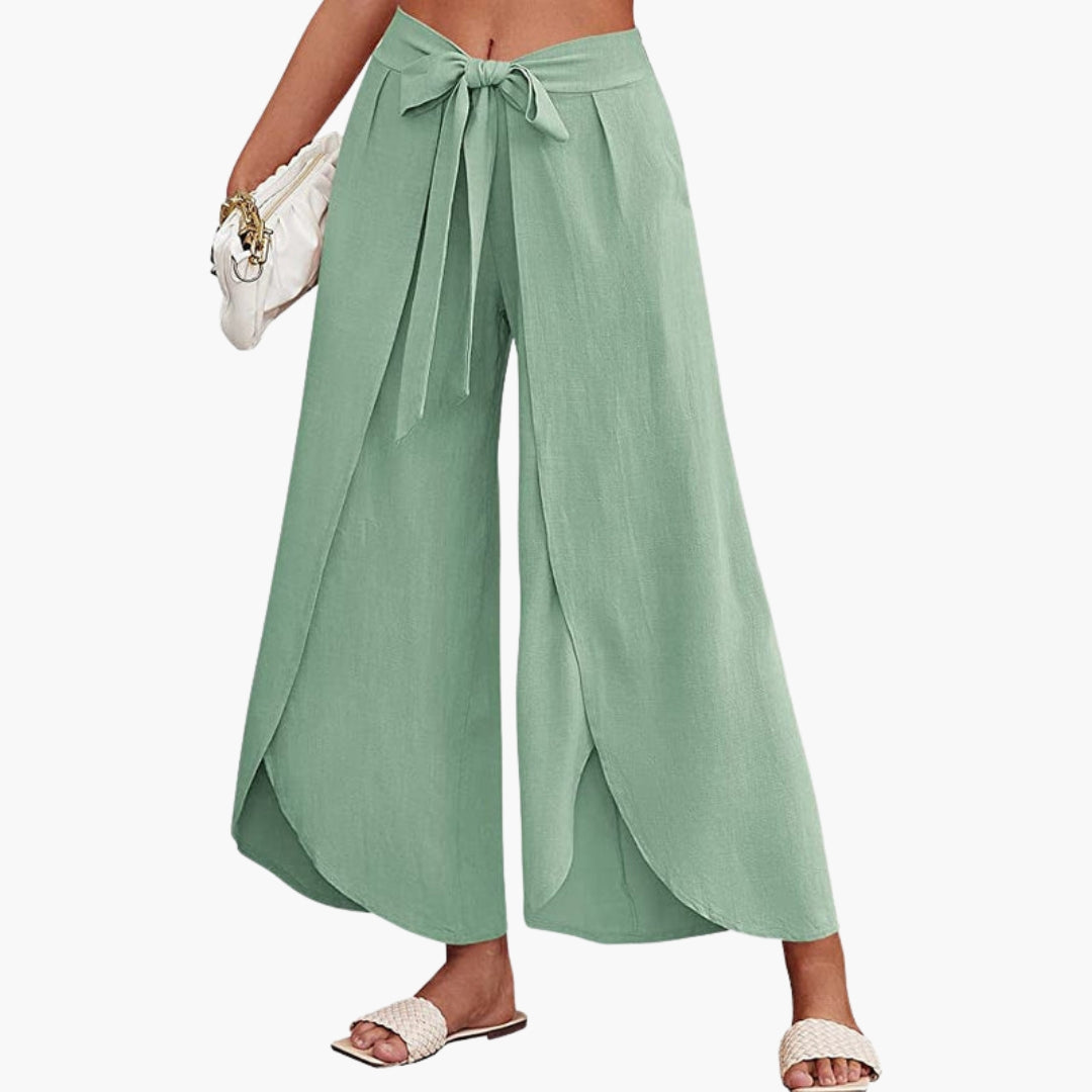 Women's Trousers with Tie Belt and Plain Surface