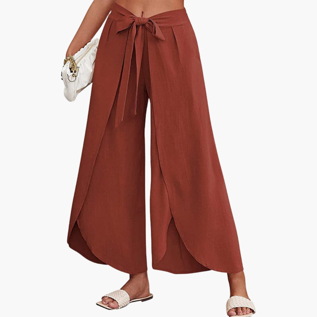 Women's Trousers with Tie Belt and Plain Surface