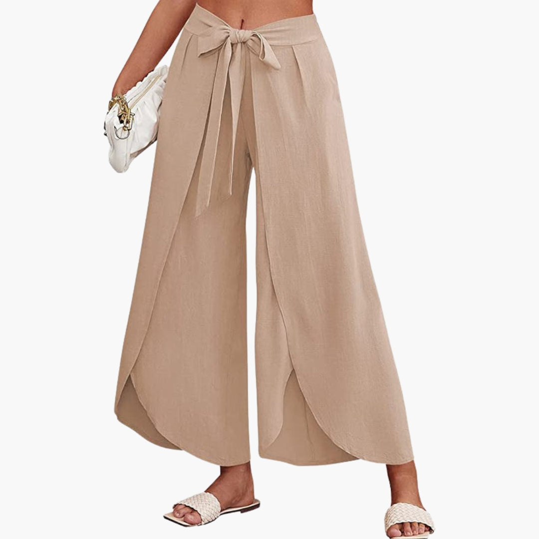 Women's Trousers with Tie Belt and Plain Surface