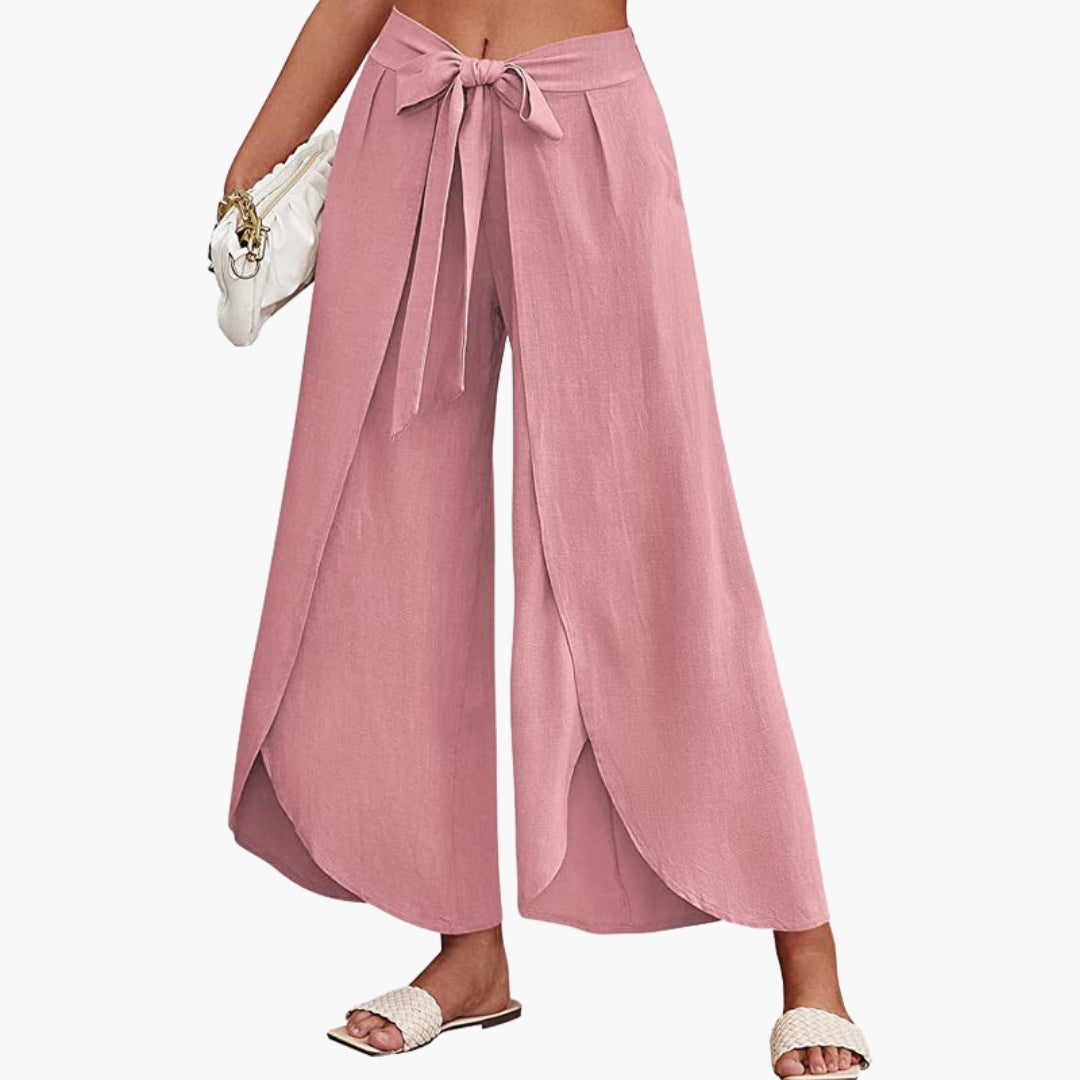 Women's Trousers with Tie Belt and Plain Surface