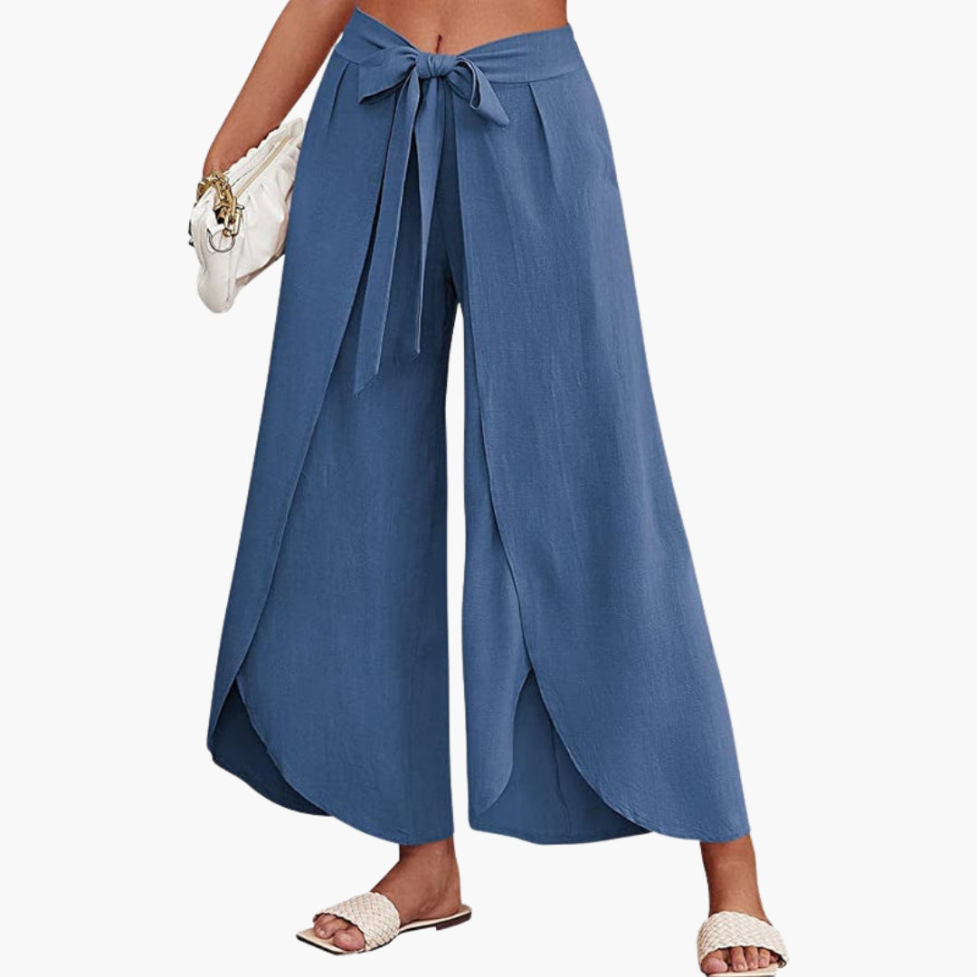 Women's Trousers with Tie Belt and Plain Surface