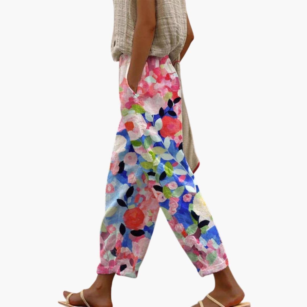 Pantaloni Donna con Motivo Floreale e Tasche Laterali