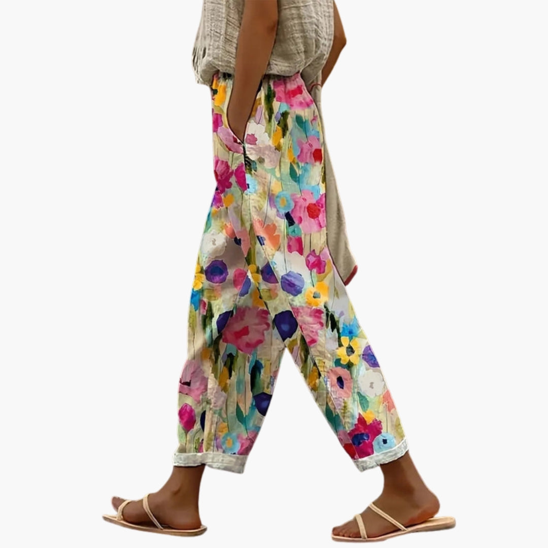 Pantaloni Donna con Motivo Floreale e Tasche Laterali