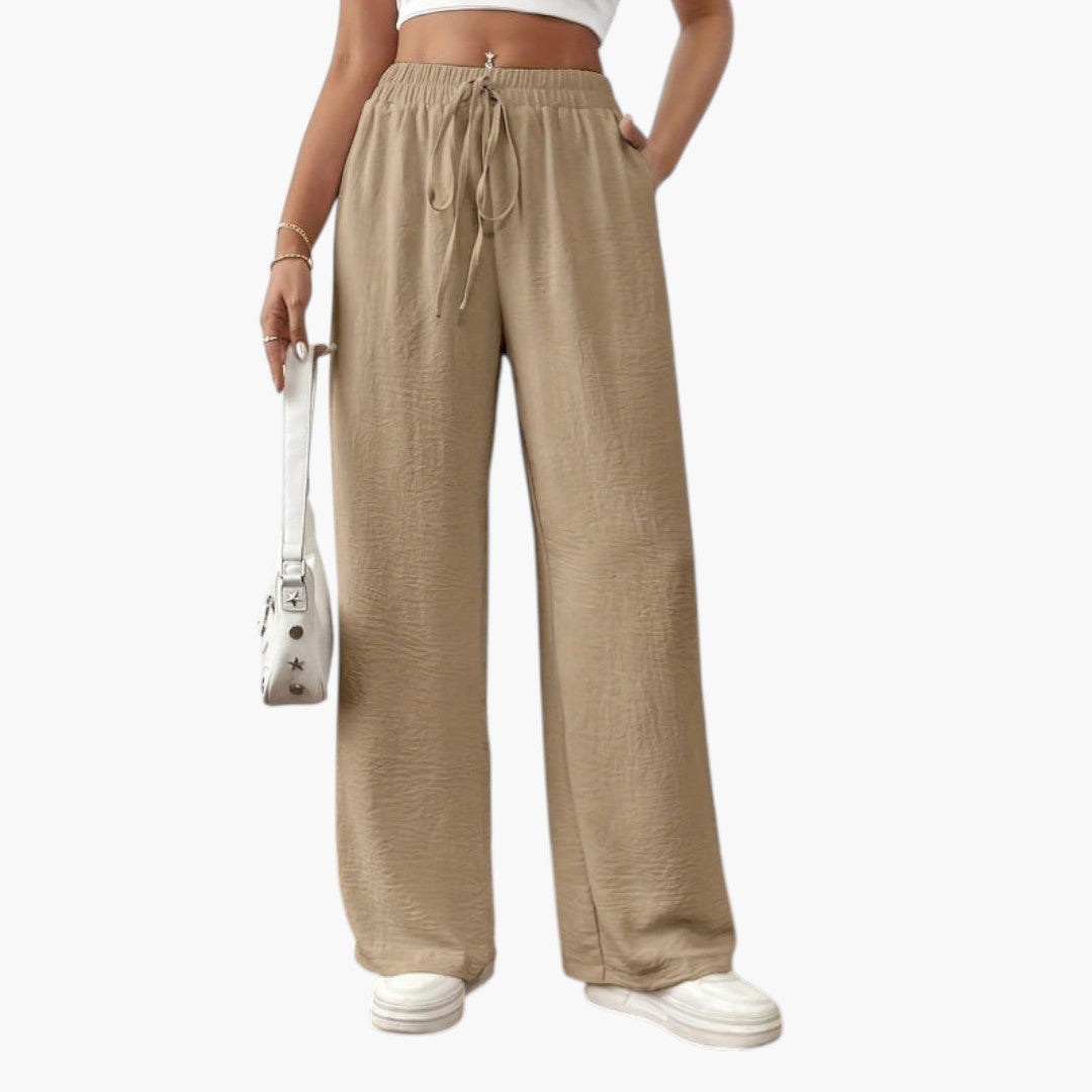 Pantalon Palazzo Femme a Taille Élastique et Ceinture à Nouer