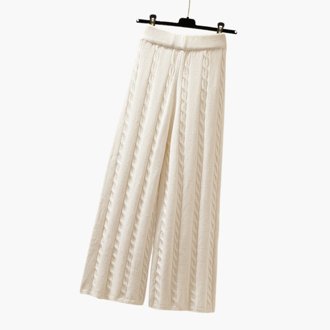 Pantalon Palazzo Femme a Taille Élastique et Maille Torsadée