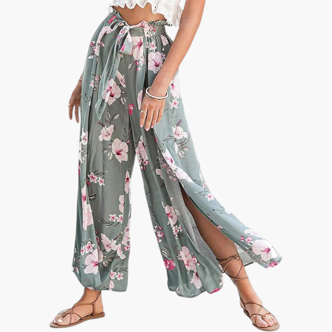 Women's Palazzo Pants with Elastic Waist and Floral Pattern