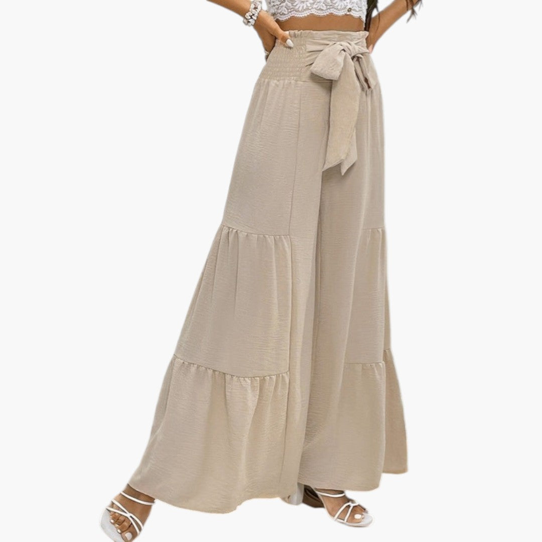 Women's Palazzo Pants with Belt and Ruffled Hem