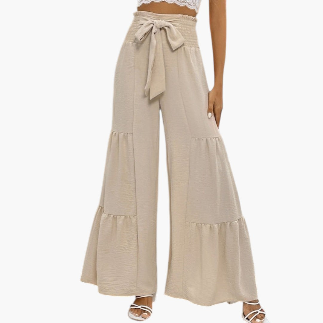 Women's Palazzo Pants with Belt and Ruffled Hem