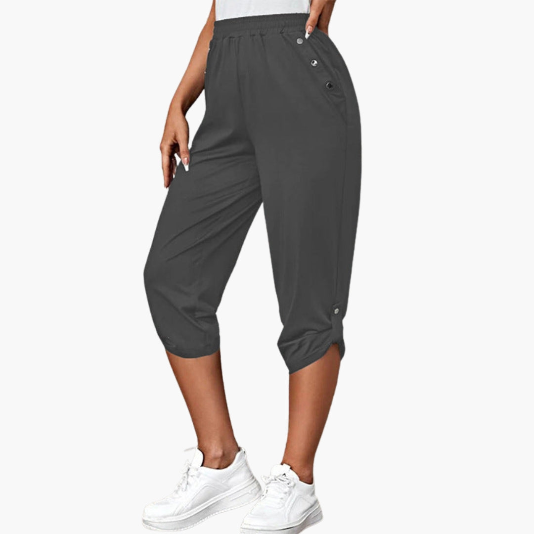 Pantaloni capri in jersey da donna con bottoni e tasche