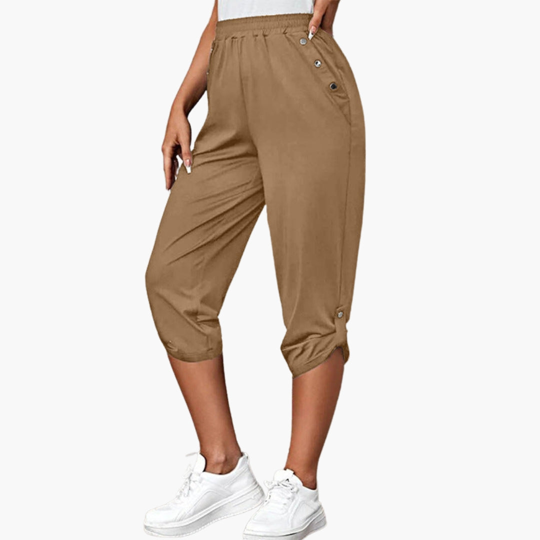 Pantaloni capri in jersey da donna con bottoni e tasche