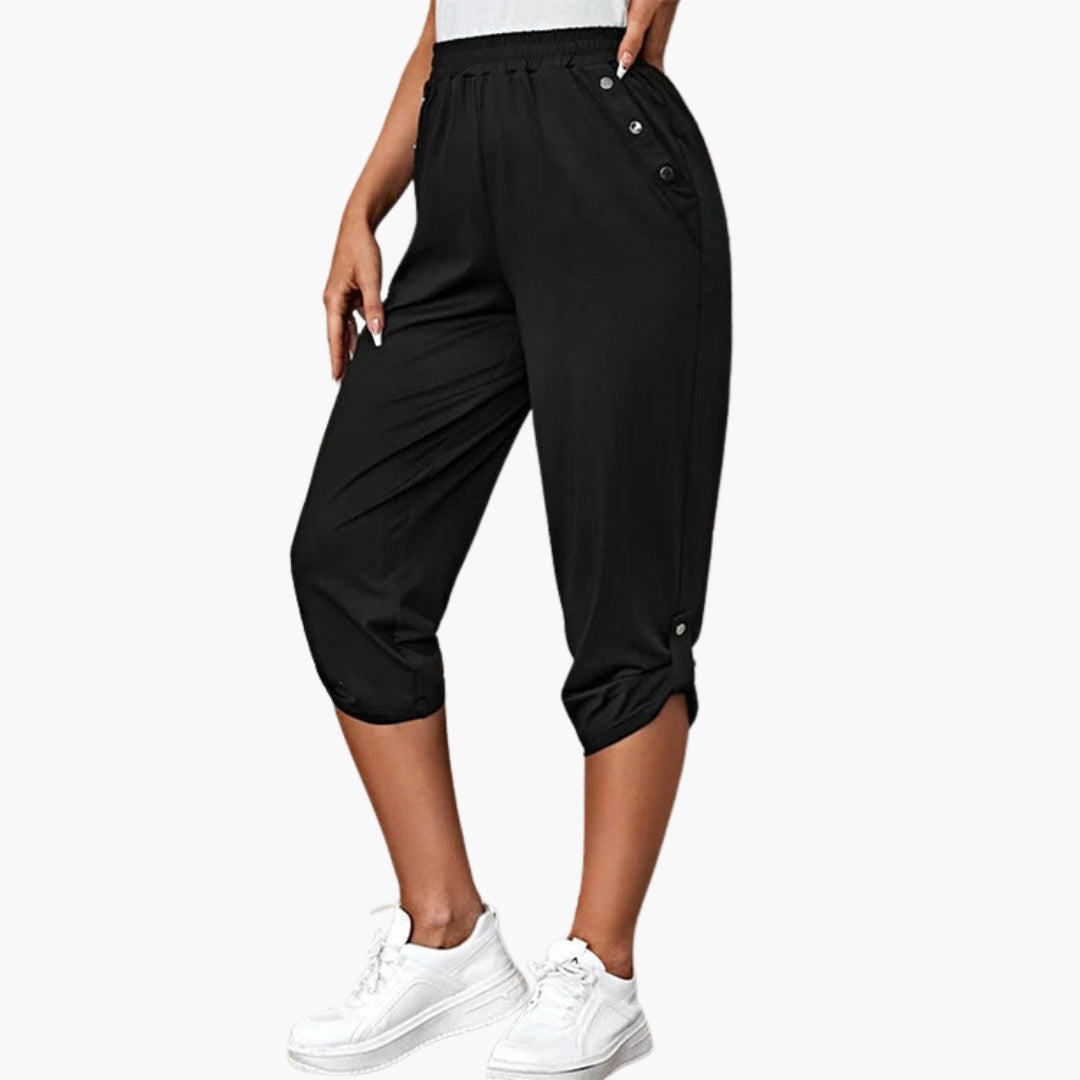 Pantaloni capri in jersey da donna con bottoni e tasche