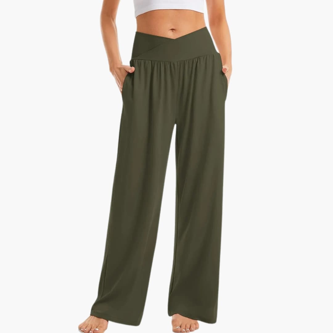 Pantalon femme à jambes larges avec poches latérales et taille élastique