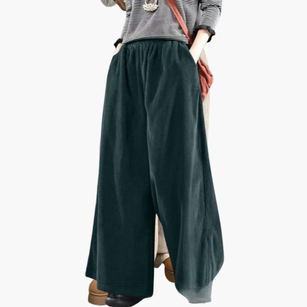 Pantalon femme en velours côtelé vintage à jambe large avec taille élastique