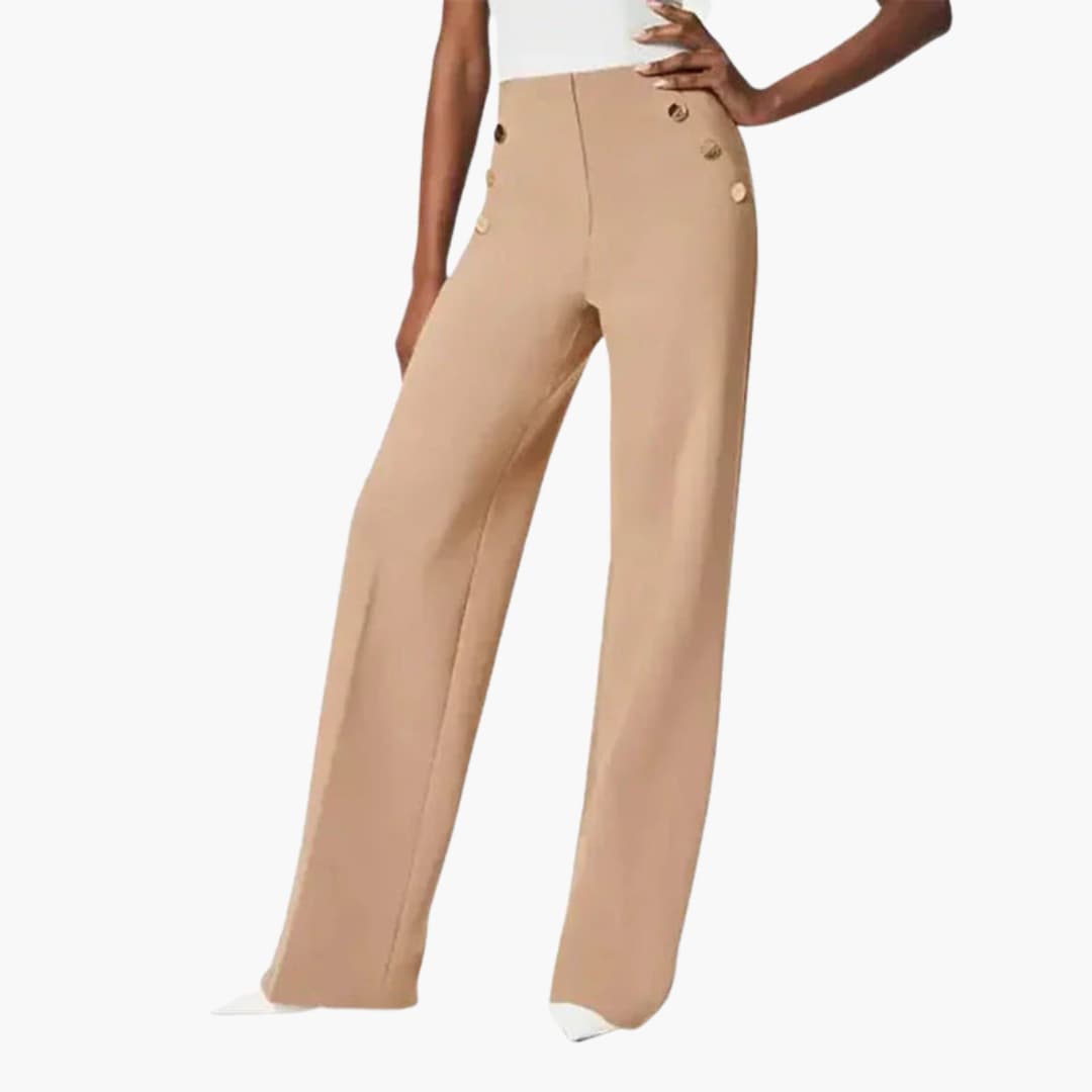Pantalon femme taille haute à jambes larges et boutons décoratifs