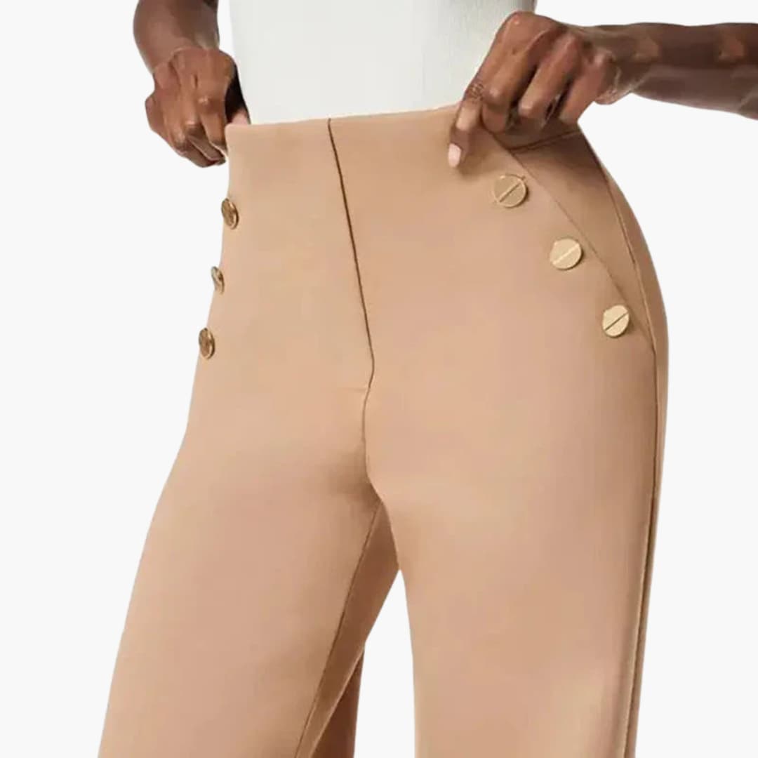 Pantalon femme taille haute à jambes larges et boutons décoratifs