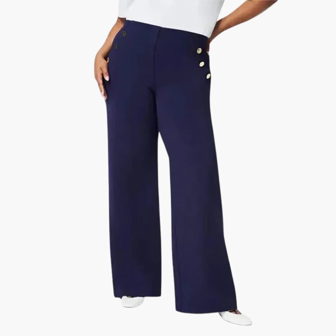 Pantalon femme taille haute à jambes larges et boutons décoratifs