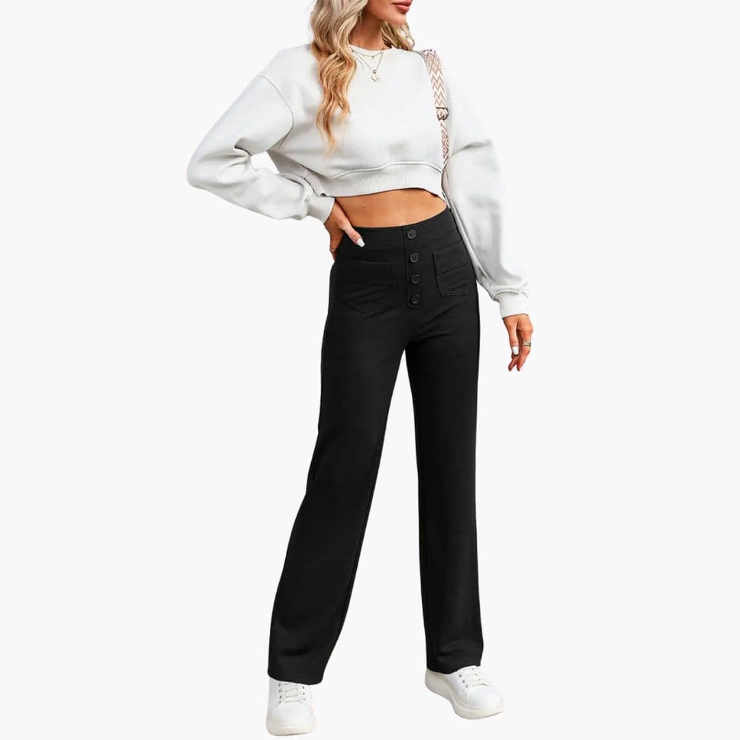 Pantalon femme taille haute avec poches devant