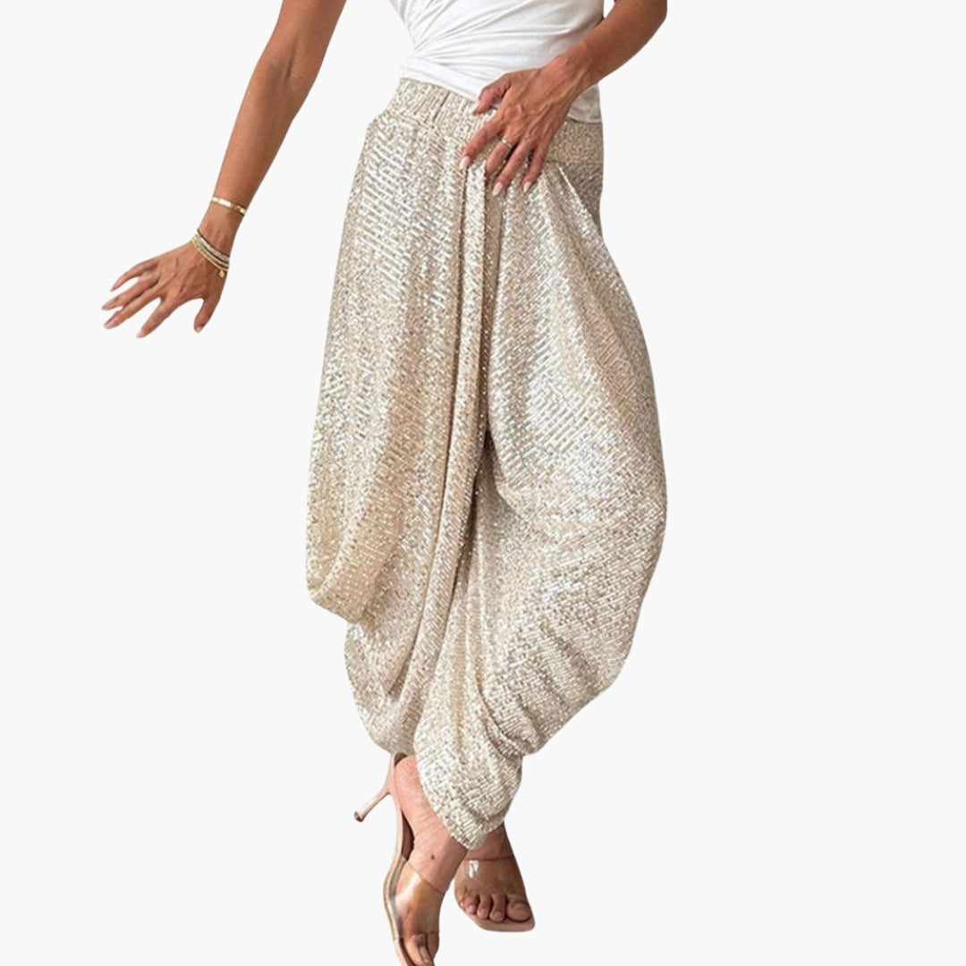 Pantalon femme taille haute a surface pailletée