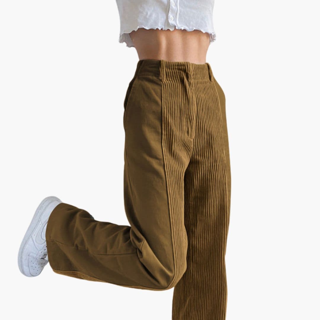 Pantalon femme taille haute et jambe large en corduroy