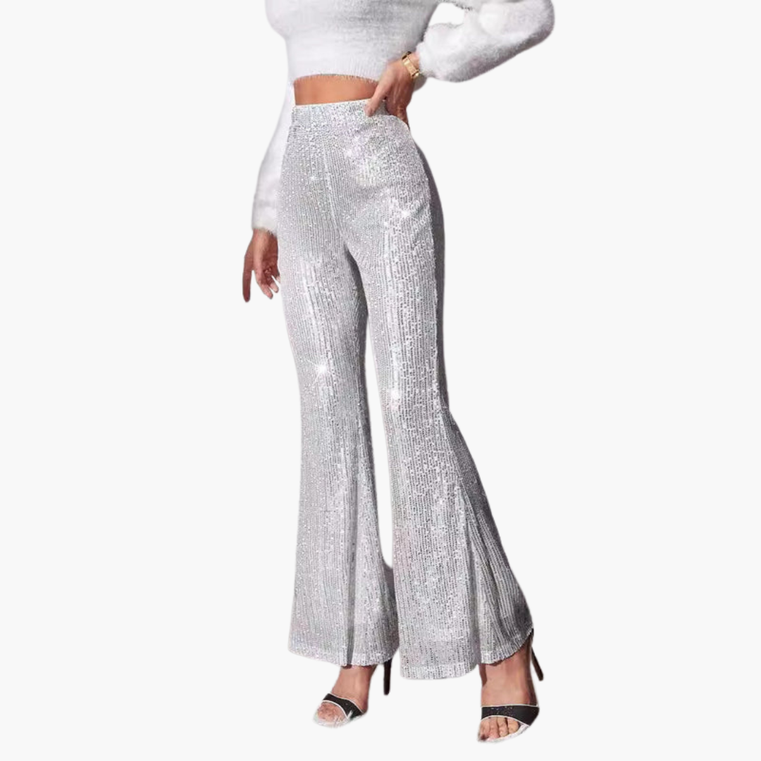 Pantalon largo donna a vita alta con superficie a paillettes