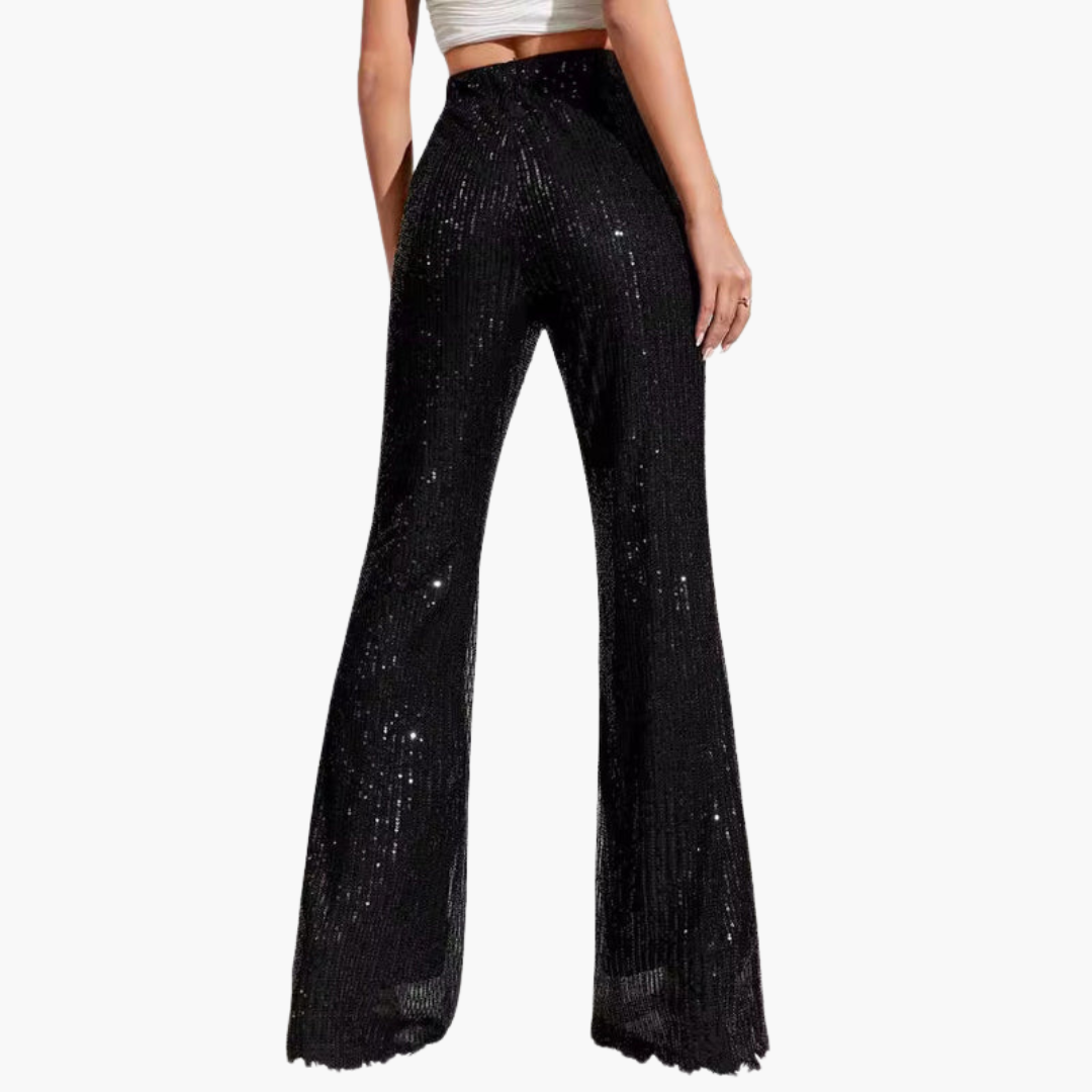 Pantalon largo donna a vita alta con superficie a paillettes