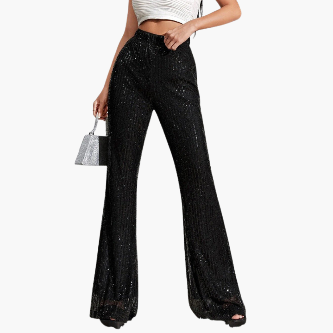 Pantalon largo donna a vita alta con superficie a paillettes
