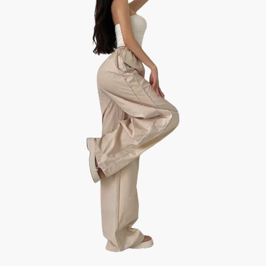 Pantaloni palazzo donna con vita elastica e impunture a contrasto