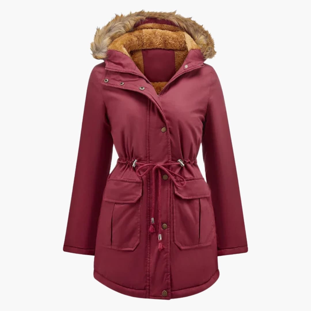 Parka femme avec capuche en fausse fourrure et taille à cordon ajustable