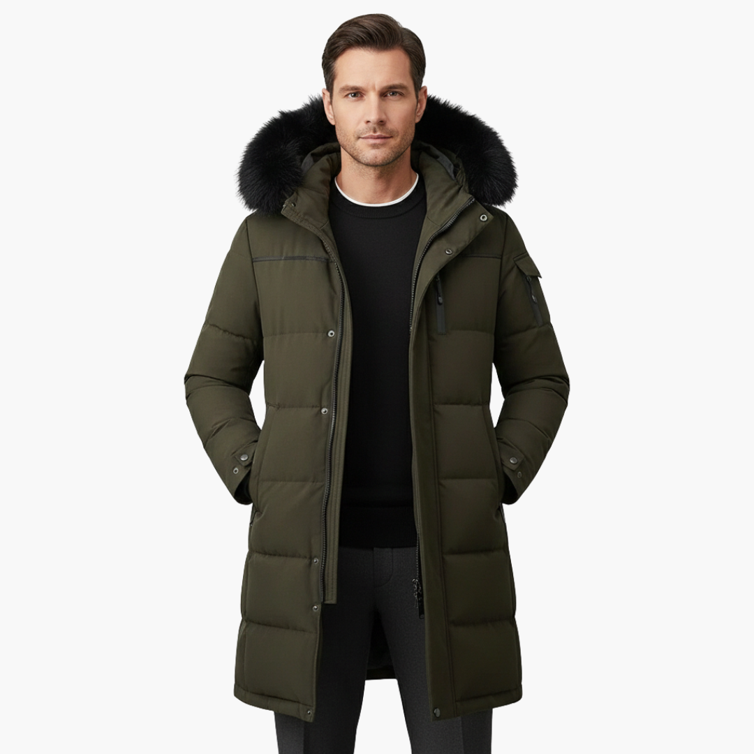 Long parka for men with hood and quilted surface