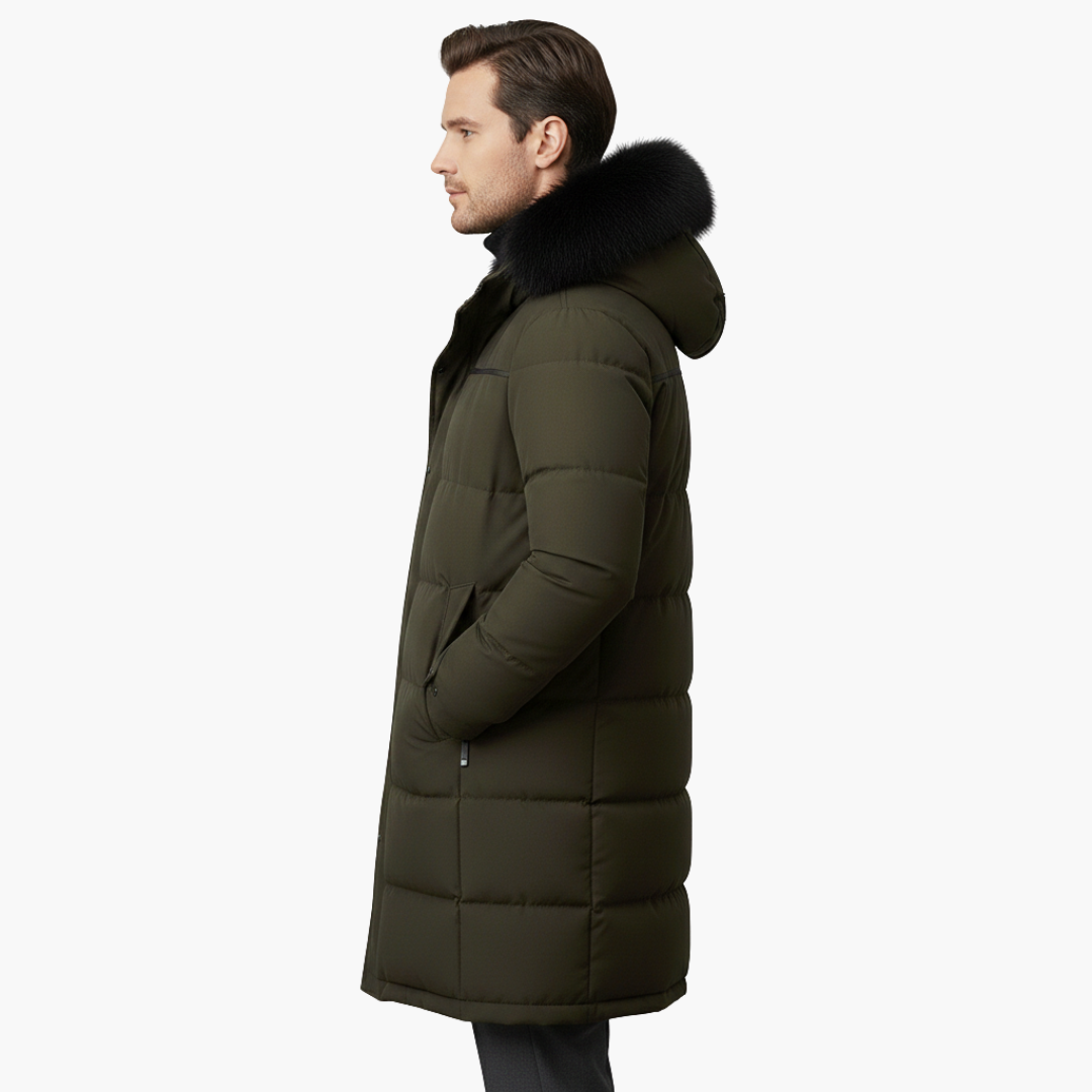Long parka for men with hood and quilted surface