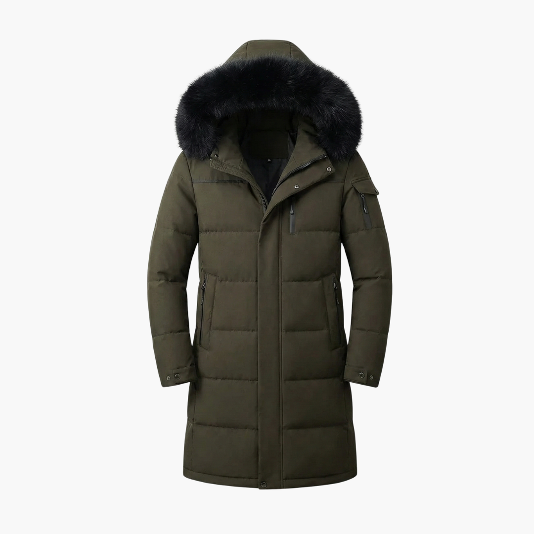 Long parka for men with hood and quilted surface