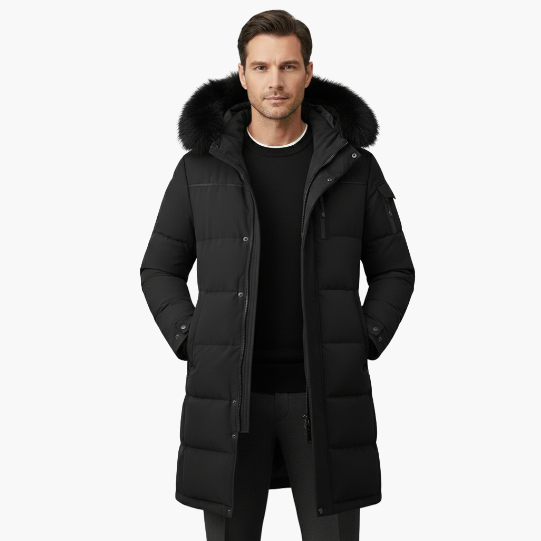 Long parka for men with hood and quilted surface