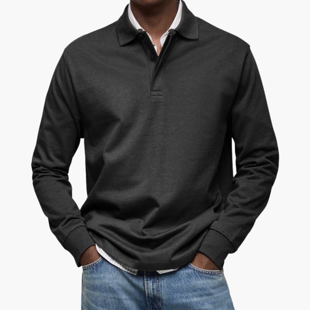 Polo homme manches longues avec col boutonné et poignets côtelés