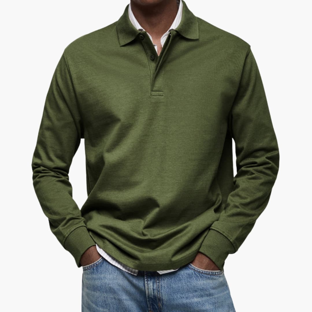 Polo homme manches longues avec col boutonné et poignets côtelés