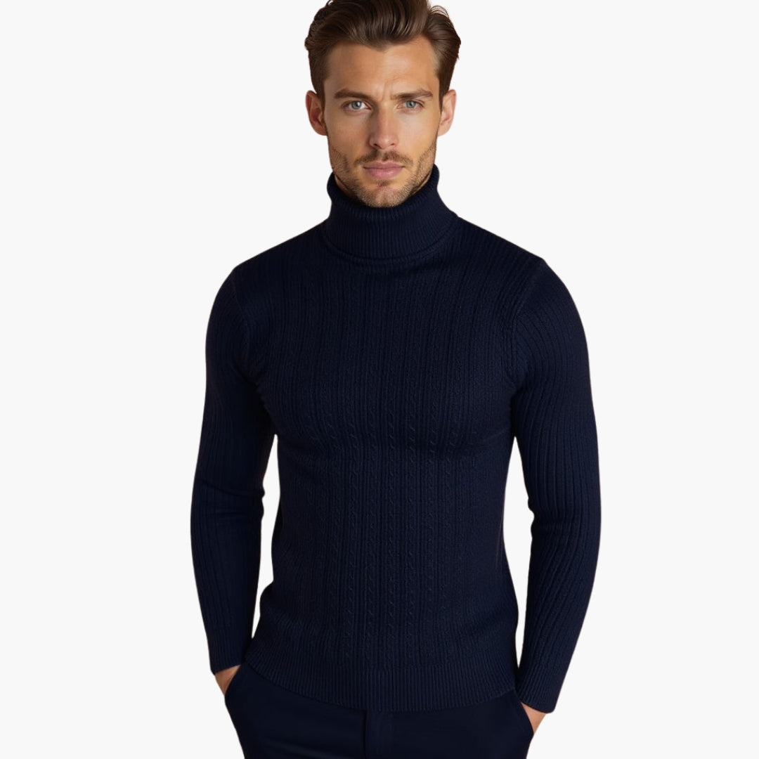Herre genser med rullekrage og flettemønster med ribbet kant