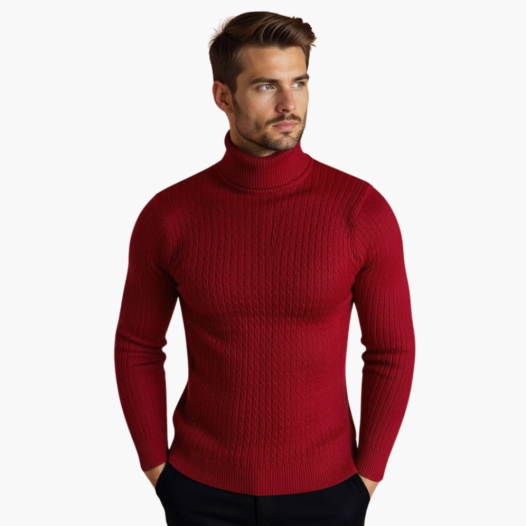 Herre genser med rullekrage og flettemønster med ribbet kant