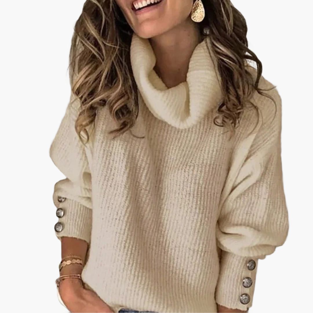 Camisola de Mulher com Gola Alta e Mangas Compridas com Botões