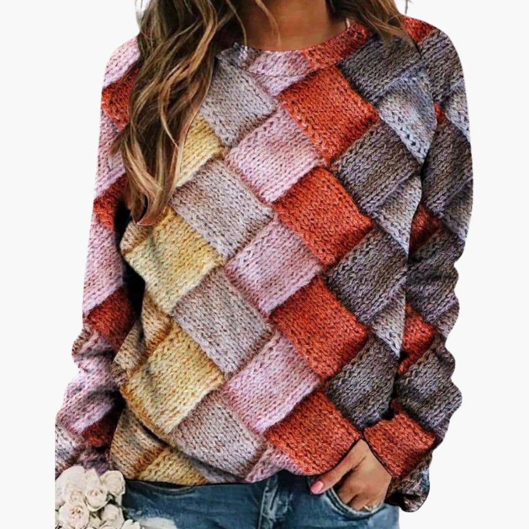 Pull mujer cuello redondo con motivo tejido multicolor