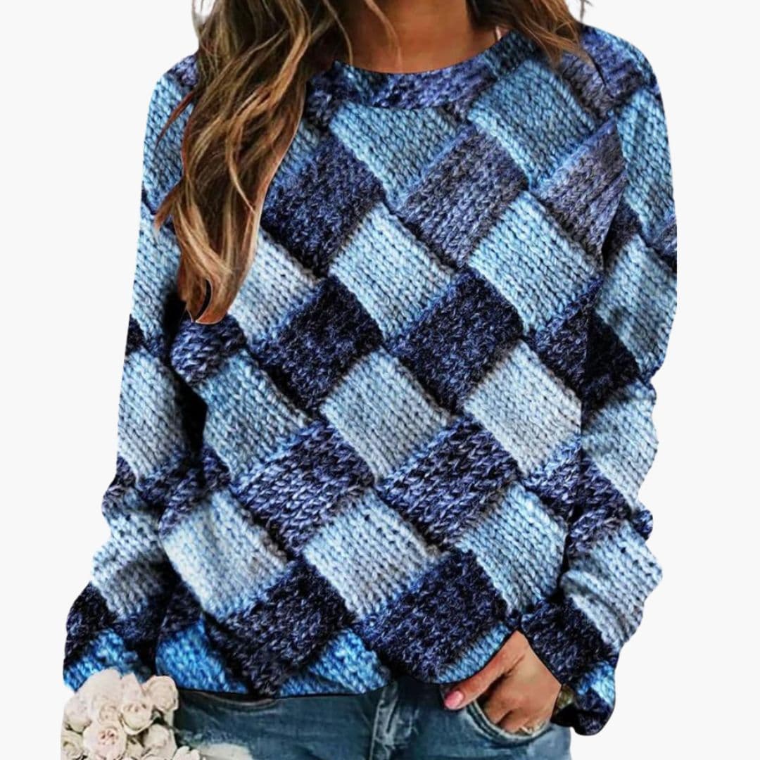Women's Round Neck Pullover with Multicolored Woven Pattern