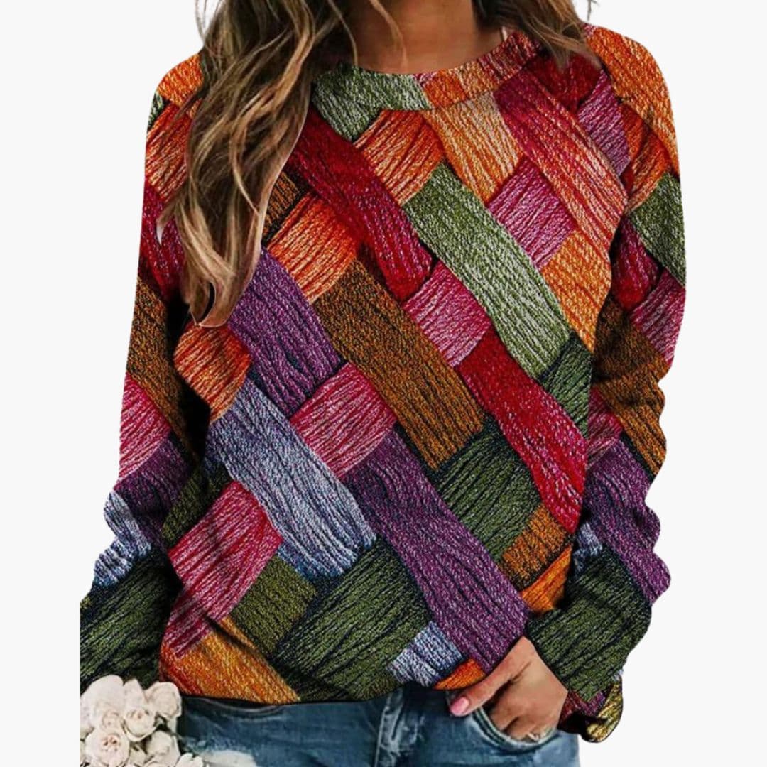 Women's Round Neck Pullover with Multicolored Woven Pattern