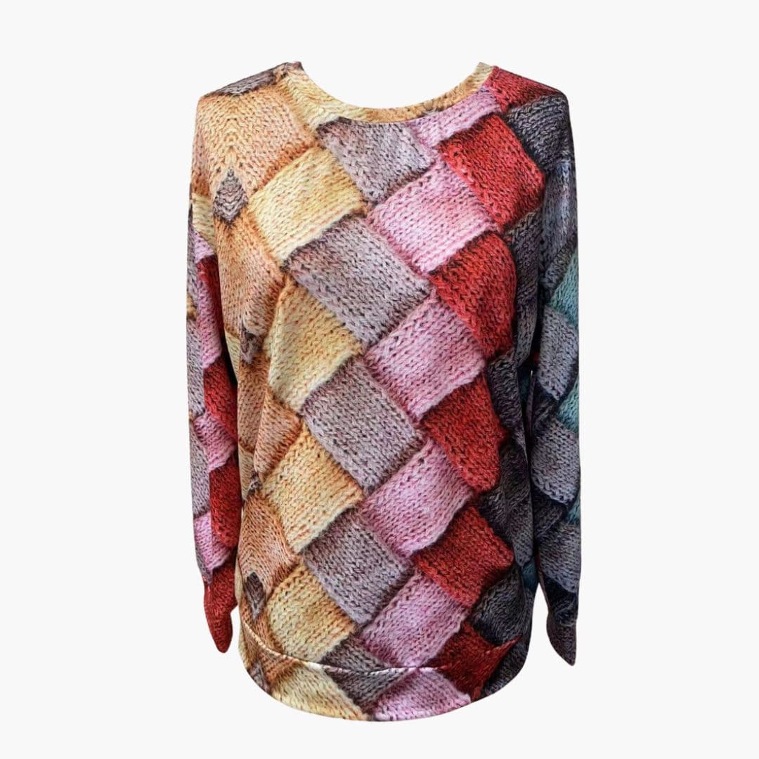 Women's Round Neck Pullover with Multicolored Woven Pattern